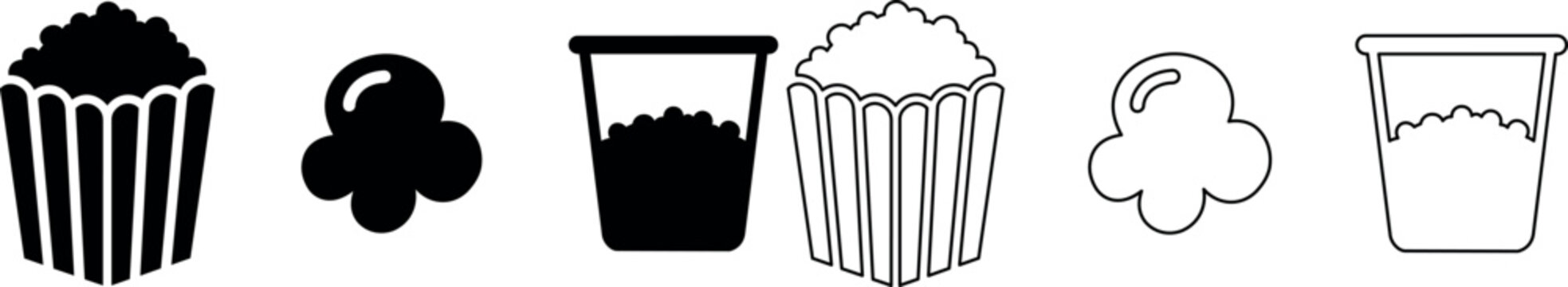 Popcorn bucket and popcorn kernel icons in filled and outlined styles