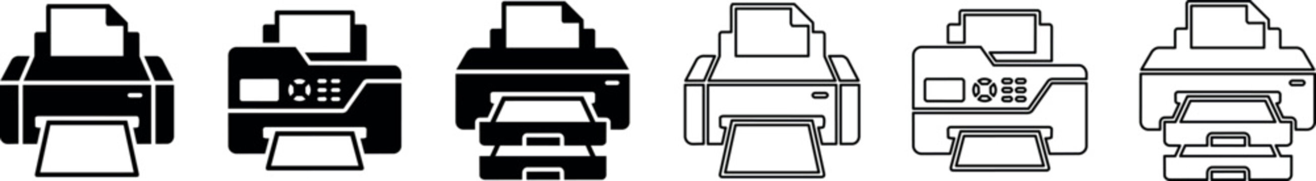 Printer icons showing printing device with paper output in black and outline styles