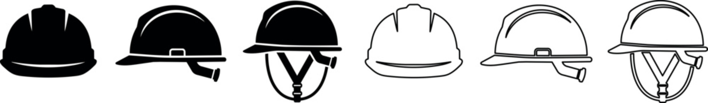 Safety helmets and hard hats with chin straps in solid and outline styles