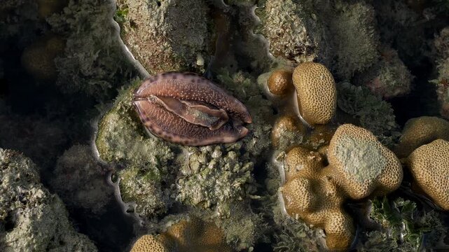 Cowrie Mollusk Resting Upside Down on Coral Rock in Tide Pool