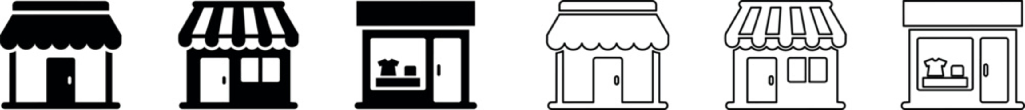 Storefront and shop front icons with awnings and display windows in solid and outline styles