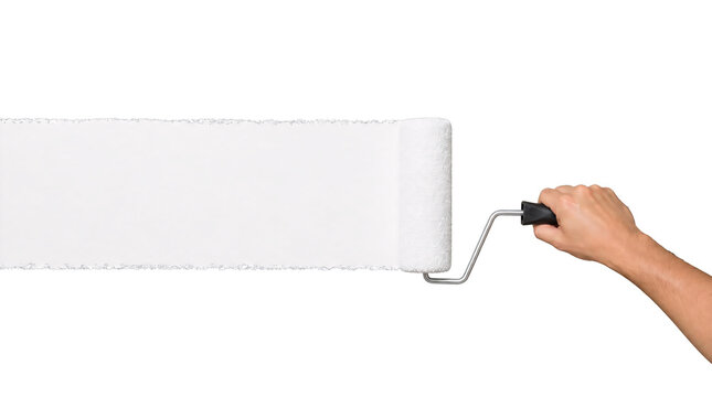 Hand using white paint roller brush isolated on transparent background