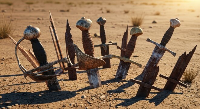 Collection of Rusted Sword Hilts in a Dusty, Ancient Battlefield Setting