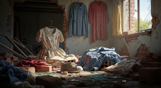 Collection of Tattered Civilian Clothes in an Abandoned, Ruined Setting