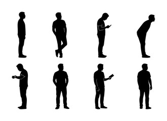 Obraz premium Diverse Male Silhouettes, 8 Poses, Vector Icons for Digital Communication & Modern Life Concepts