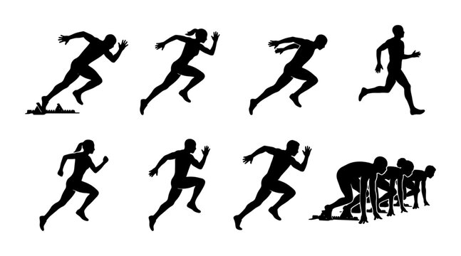 Running Silhouettes Collection: Sprinting Athletes, Track and Field Action, Race Start Poses, Vector Graphics for Sports and Fitness Concepts