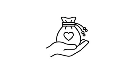 Obraz premium Hand Holding Pouch With Heart Shape Black Line Icon On White Background