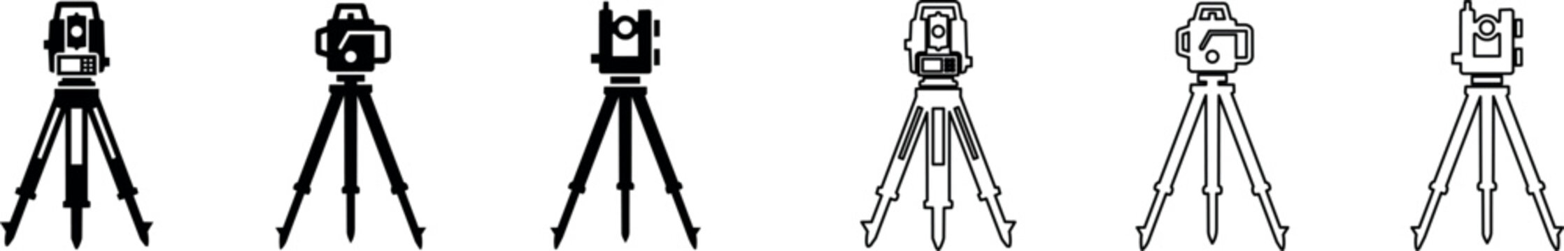 Surveying total station instrument icons in various styles showing tripod and measurement device