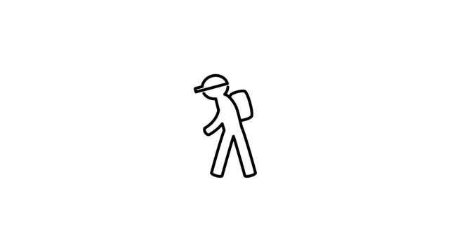 Minimalist outline animation of a little school kid student carrying a heavy backpack and walking drawing on and fading out. Features 3 color setups.