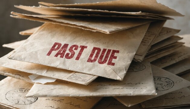 A stack of old envelopes with one prominently stamped "PAST DUE" in red ink, symbolizing overdue bills or unpaid mail.