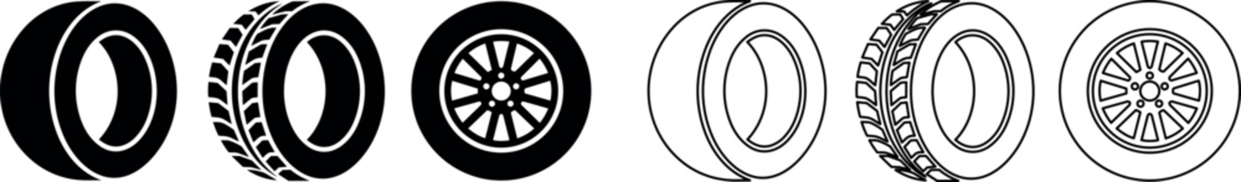 Set of six tire and wheel icons showing different tire treads and rim designs in black and white
