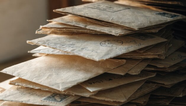 A close-up of a stack of old, vintage envelopes with stamps and postmarks, suggesting historical correspondence or nostalgic communication.