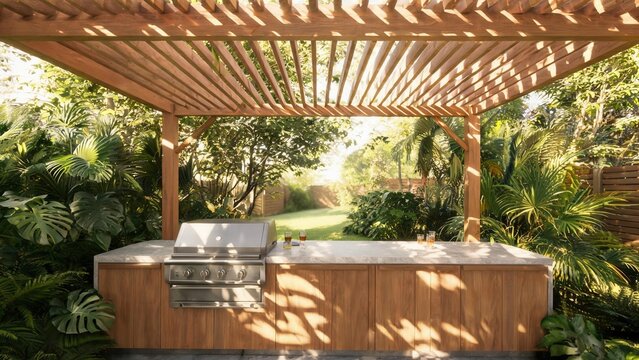 Outdoor kitchen with grill and pergola