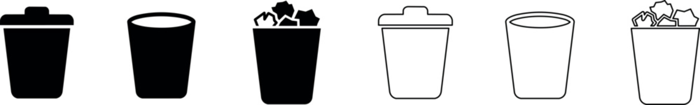 Trash bin icon set with three variations including empty and crumpled paper content in solid and outline styles