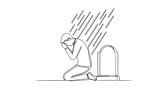 Man in rain praying at grave, grief and mourning, single line art