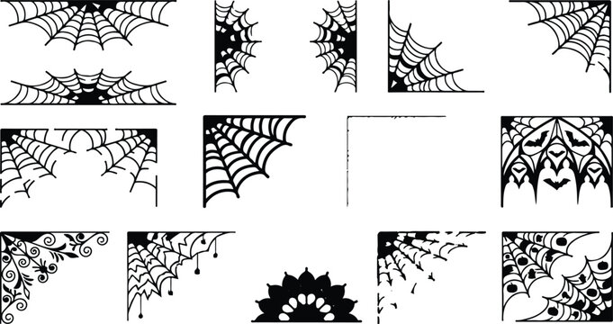Halloween Spider Web Border and Corner Frame Collection Isolated on White Background