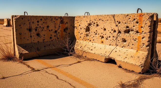 Concrete Barrier Blocks with Scarred Texture on Cracked Roadway