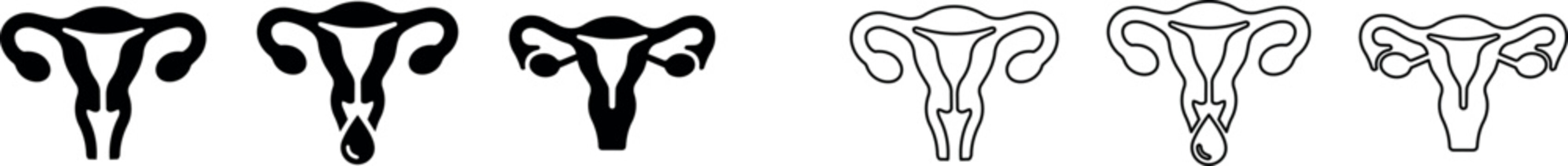 Black and white icons of female reproductive system with uterus and fallopian tubes