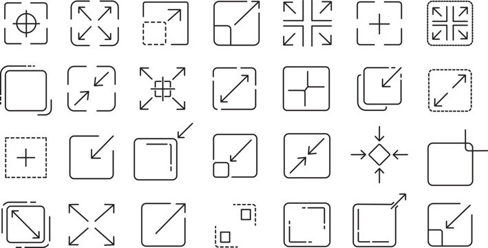 Line icon set for maximum and minimum limit control, featuring simple high and low level vector symbols. maximize and minimize size, stretch, resize, scale up and down, increase, reduce, scalable vect