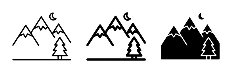 Mountain Landscape Icons, Night Scene, Pine Tree, Moon, Outline and Silhouette Styles, Vector Graphics for Nature and Adventure Themes © Farzana