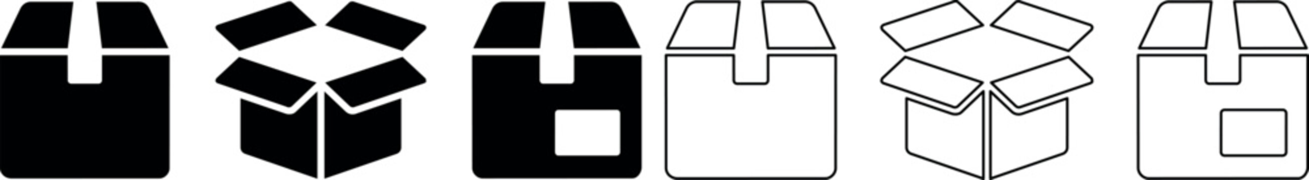 Set of black and outlined open and closed cardboard box icons