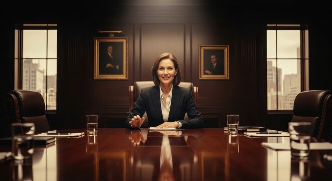 Confident Woman Leading Business Meeting in Boardroom