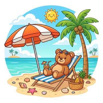 Teddy Bear Relaxing Under a Beach Umbrella
