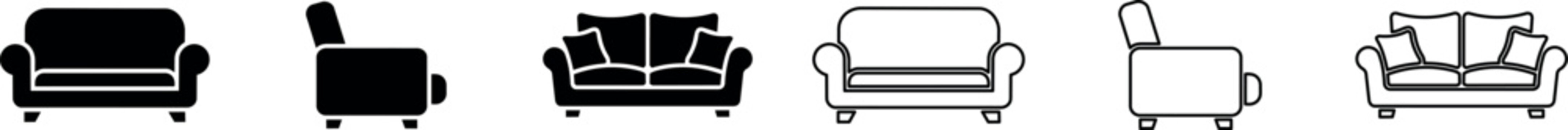 Sofa and armchair silhouette icons set showing front and side views with cushions