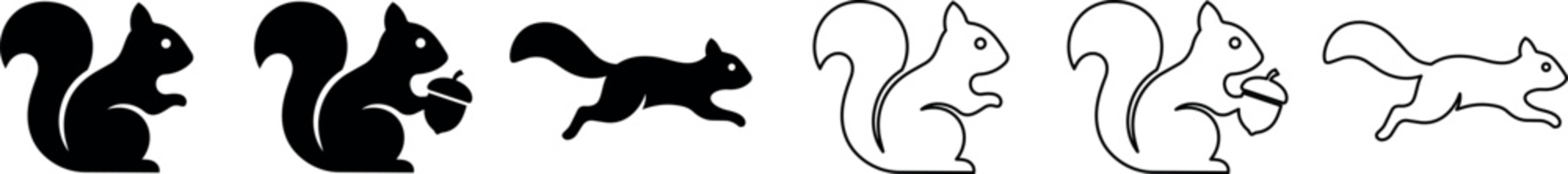 Silhouettes and outlines of squirrels sitting, holding acorns, and running