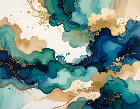 abstract watercolor background　日本の浮世絵風の抽象画、風神雷神