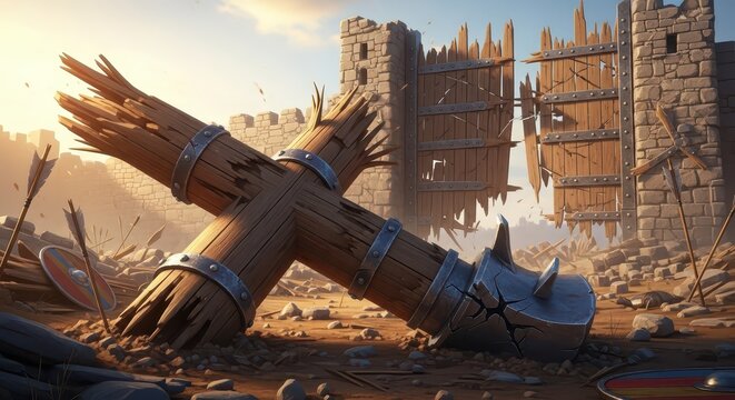 Damaged Wooden Battering Ram Lies Before Medieval Fortress Ruins