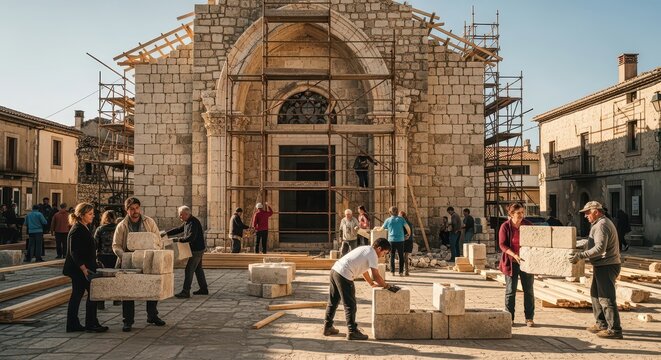 Construction workers renovate historic stone building with scaffolding and materials
