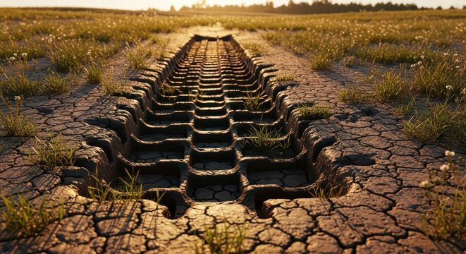 Deep Tractor Tire Tracks Impressed in Cracked Earth Field at Golden Hour