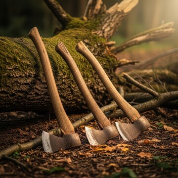 Discarded Wooden Axes with Metal Edges Resting on Forest Floor Amidst Logs
