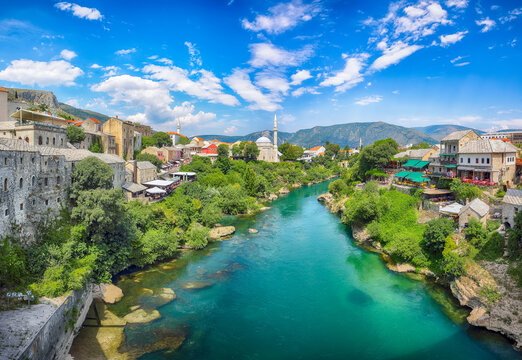 Awesome Nerteva River and Old City of Mostar, with Ottoman Mosque  during sunny day