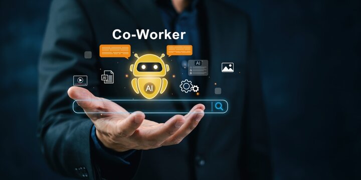 Businessman presenting ai co worker robot concept with search bar and icons, artificial intelligence collaboration.