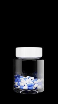 Vertical Medicine Capsules Falling into Glass Bottle Alpha Channel 4K