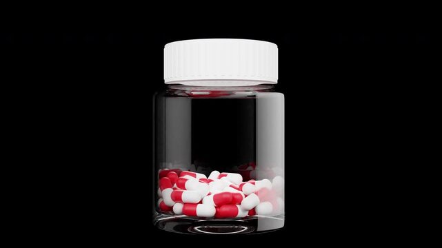 Medicine Capsules Falling into Glass Bottle Alpha Channel 4K