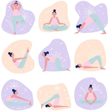 Minimal Yoga Poses Collection with Women Practicing Meditation and Stretching Set