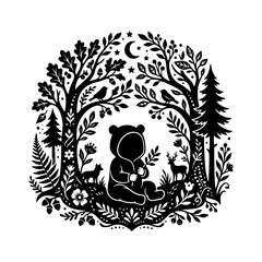 Bear cub sitting forest silhouette illustration © hamiduls11arts