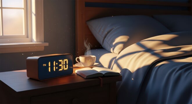 Digital Clock Displays 11:30 Next to Steaming Coffee Cup and Open Book on Nightstand in Warm Morning Light