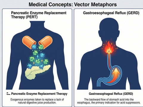 Pancreatic enzyme replacement therapy and gastroesophageal reflux disease diagrams visualize medical conditions and the corresponding therapeutic interventions used to restore normal digestive.