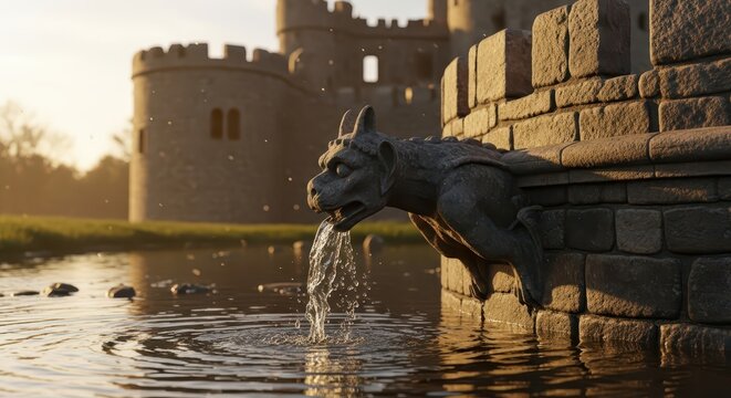 Dislodged Stone Gargoyle Spouting Water from Castle Wall