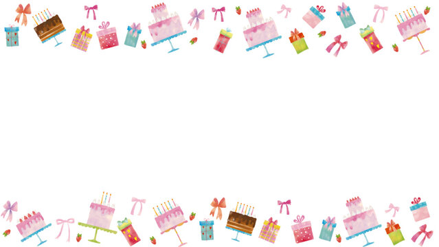 水彩風 かわいいハッピーバースディフレーム(ケーキ、リボン、プレゼント、イチゴ)  Happy Series:Cute watercolor-style "Happy Birthday" frame (cake, ribbon, gift, strawberry)
