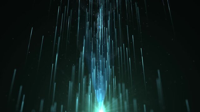 Abstract blue light beams rising through dark space with glowing energy and floating particles, creating a futuristic technology motion background.