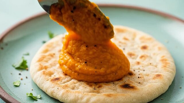 A metal spoon spreads vibrant orange vegetable puree onto a warm flatbread on a ceramic plate