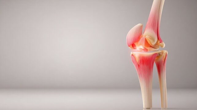 Anatomical Model of a Diseased Knee: A detailed anatomical model of a human knee joint, highlighting inflammation and degeneration in the cartilage and surrounding tissues.