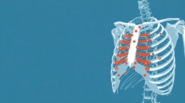 Rib Cage Anatomy: A clear, detailed illustration of the human rib cage with the sternum highlighted, showcasing the complex skeletal structure for medical education or anatomical study.