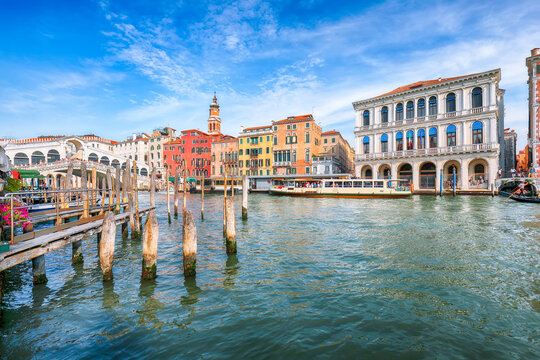 Amazing  morning cityscape of Venice with famous Canal Grande and colorful  view of Rialto Bridge