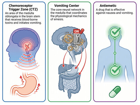Chemoreceptor trigger zone and vomiting center physiological mechanisms demonstrate how antiemetic drugs coordinate to inhibit emesis within the human body for medical review purposes.